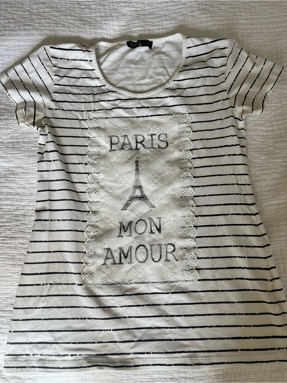 Girls White & Black Striped 'Paris Mon Amour' Tee